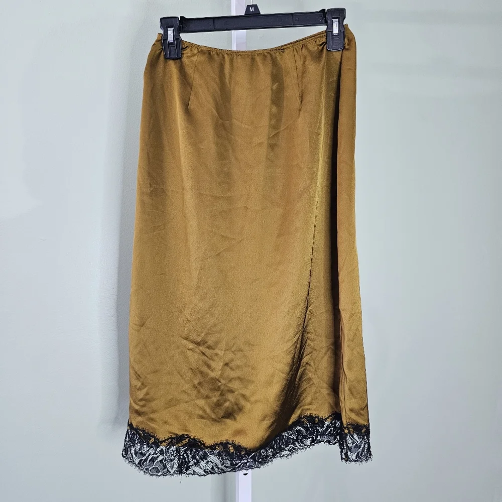 Victoria's Secret‎ Satin Midi Skirt Golden Bronze Size Medium Black Lace